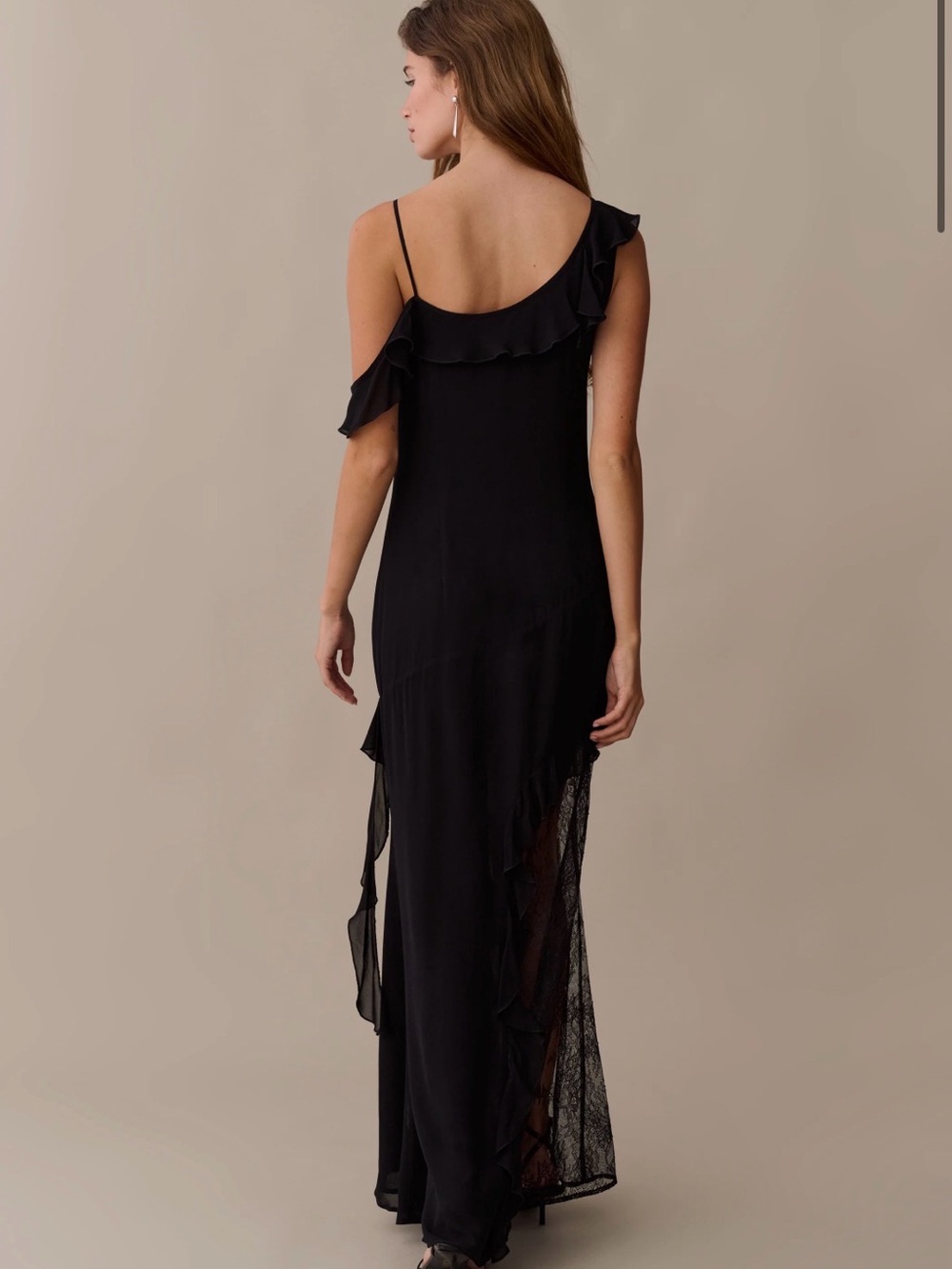 NWT o.p.t Carmen Dress Black Ruffle Asymmetric Lace Maxi Dress Size 4 - Picture 2 of 10